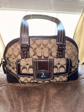 Coach Khaki Signature Canvas and Dark Brown Leather Satchel